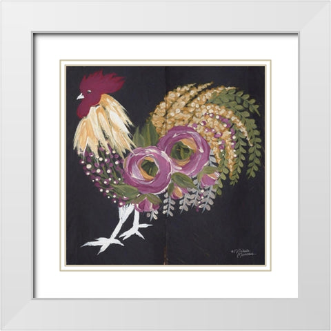 Floral Rooster on Black White Modern Wood Framed Art Print with Double Matting by Norman, Michele
