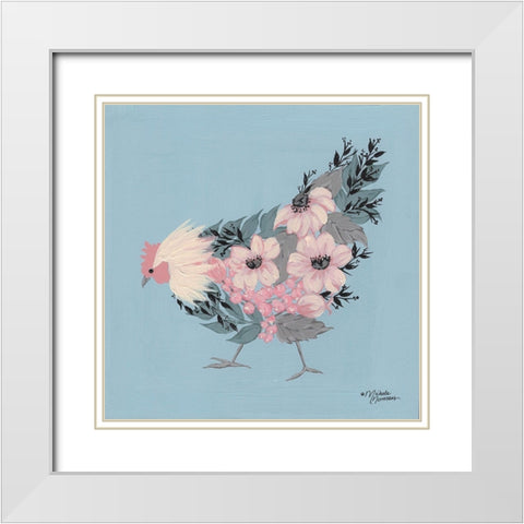 Blue Floral Hen White Modern Wood Framed Art Print with Double Matting by Norman, Michele