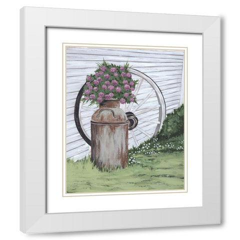Rusted Milk Can with Wagon Wheel White Modern Wood Framed Art Print with Double Matting by Norman, Michele