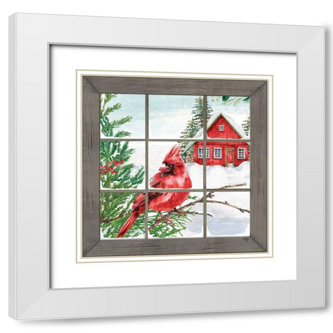 Cardinal in the Window White Modern Wood Framed Art Print with Double Matting by Mollie B.