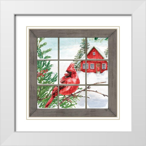 Cardinal in the Window White Modern Wood Framed Art Print with Double Matting by Mollie B.