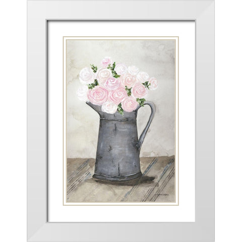 Galvanized Pitcher of Ranunculus White Modern Wood Framed Art Print with Double Matting by Norkus, Julie