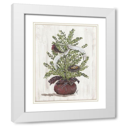 Burlap Tree with Birdie And Nest White Modern Wood Framed Art Print with Double Matting by Norkus, Julie