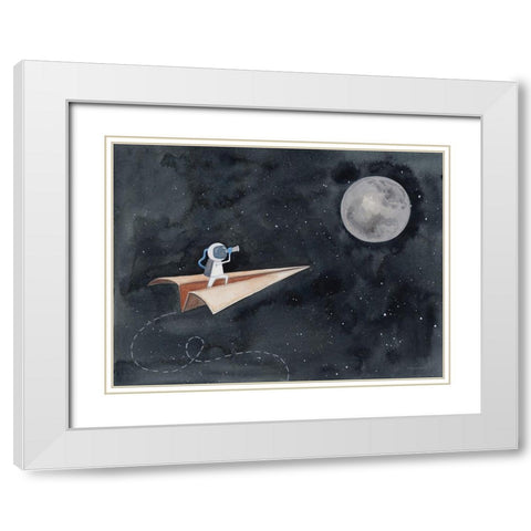 Paper Airplane to the Moon White Modern Wood Framed Art Print with Double Matting by Nieman, Rachel