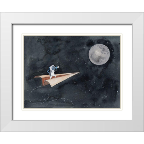Paper Airplane to the Moon White Modern Wood Framed Art Print with Double Matting by Nieman, Rachel