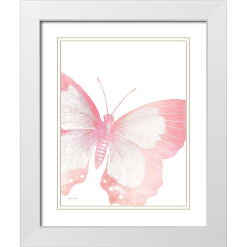 Pink Butterfly V White Modern Wood Framed Art Print with Double Matting by Ball, Susan