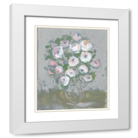 Painterly Pink Posies White Modern Wood Framed Art Print with Double Matting by Stellar Design Studio