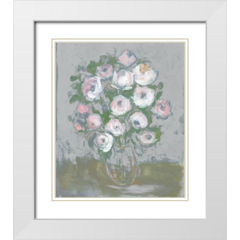 Painterly Pink Posies White Modern Wood Framed Art Print with Double Matting by Stellar Design Studio