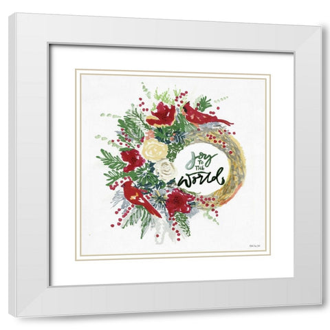 Joy to the World Wreath White Modern Wood Framed Art Print with Double Matting by Stellar Design Studio