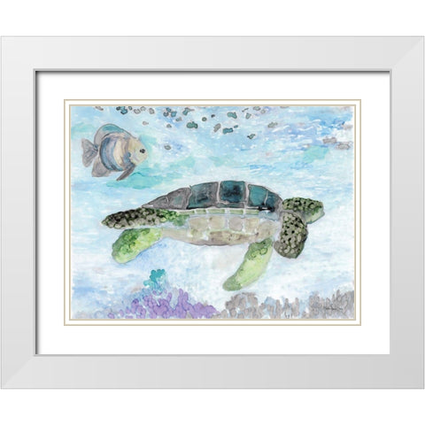 Swimming Sea Turtle White Modern Wood Framed Art Print with Double Matting by Stellar Design Studio