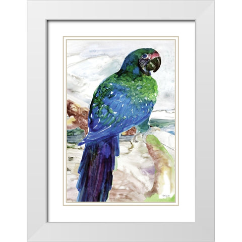 Blue Parrot on Branch 1 White Modern Wood Framed Art Print with Double Matting by Stellar Design Studio