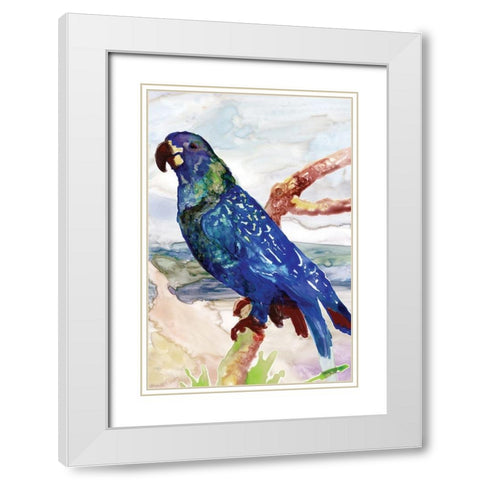 Blue Parrot on Branch 2 White Modern Wood Framed Art Print with Double Matting by Stellar Design Studio