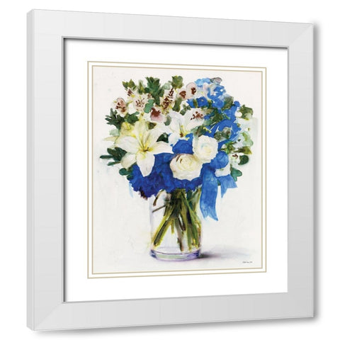 White And Navy Floral Arrangement I White Modern Wood Framed Art Print with Double Matting by Stellar Design Studio