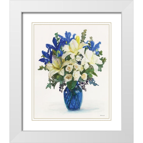 White And Navy Floral Arrangement II White Modern Wood Framed Art Print with Double Matting by Stellar Design Studio