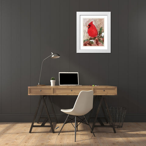 Winter Cardinal White Modern Wood Framed Art Print with Double Matting by Stellar Design Studio