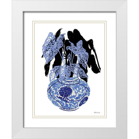 Tropical Plant in Blue White Modern Wood Framed Art Print with Double Matting by Stellar Design Studio