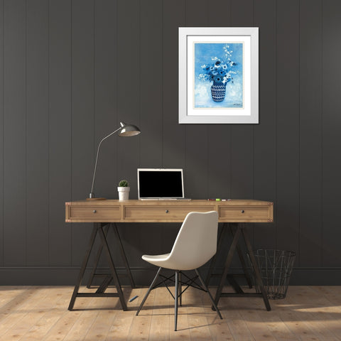 Moody Blue Floral White Modern Wood Framed Art Print with Double Matting by Stellar Design Studio