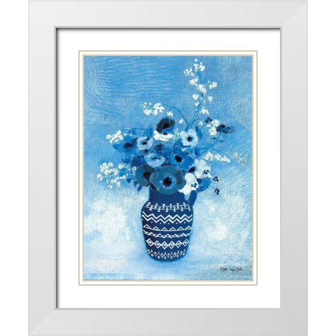 Moody Blue Floral White Modern Wood Framed Art Print with Double Matting by Stellar Design Studio