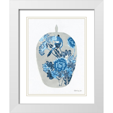 Blue Bird Vase White Modern Wood Framed Art Print with Double Matting by Stellar Design Studio