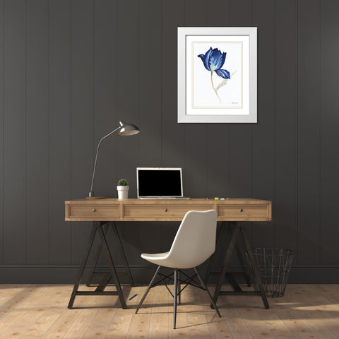 Blue Flower Stem II White Modern Wood Framed Art Print with Double Matting by Stellar Design Studio