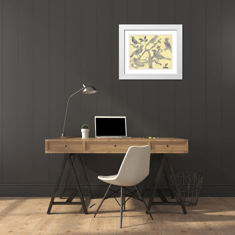 Yellow-Gray Birds 2 White Modern Wood Framed Art Print with Double Matting by Stellar Design Studio