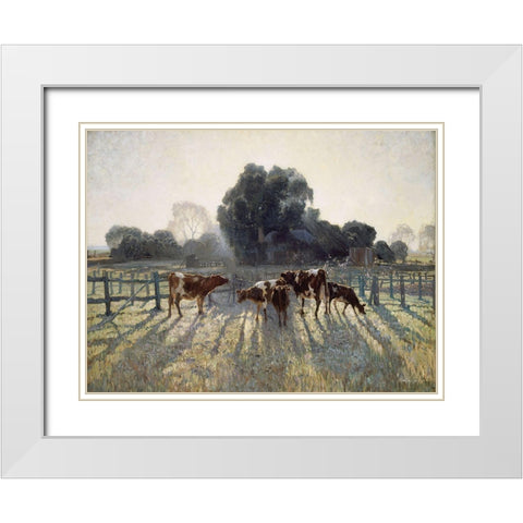 Grazing Cows White Modern Wood Framed Art Print with Double Matting by Stellar Design Studio