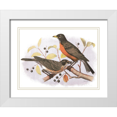 Birds and Berries White Modern Wood Framed Art Print with Double Matting by Stellar Design Studio