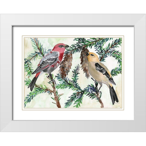 Bird and Branch Duet White Modern Wood Framed Art Print with Double Matting by Stellar Design Studio