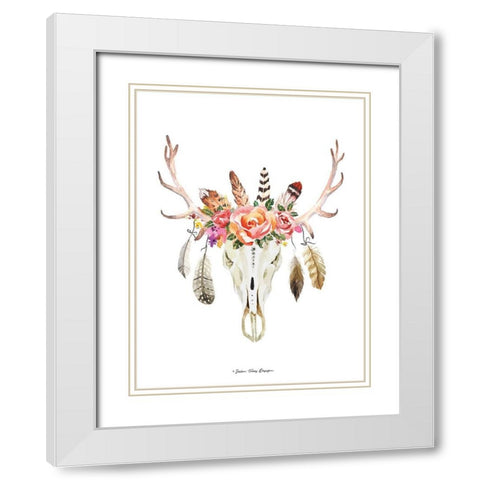 Boho Floral Feather Skull White Modern Wood Framed Art Print with Double Matting by Seven Trees Design