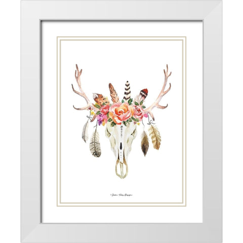 Boho Floral Feather Skull White Modern Wood Framed Art Print with Double Matting by Seven Trees Design