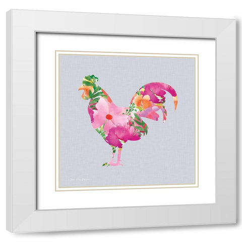 Floral Rooster White Modern Wood Framed Art Print with Double Matting by Seven Trees Design