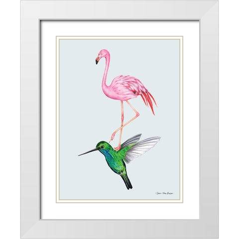 The Hummingbird and the Flamingo White Modern Wood Framed Art Print with Double Matting by Seven Trees Design