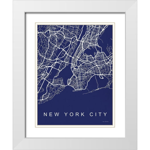 NYC Street Blue Map White Modern Wood Framed Art Print with Double Matting by Seven Trees Design