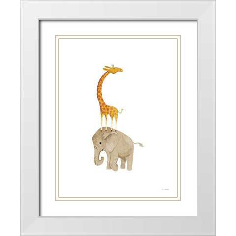 Safari Elephant and Giraffe White Modern Wood Framed Art Print with Double Matting by Stellar Design Studio