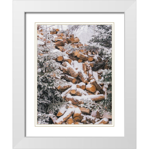 Winter Wood Pile    White Modern Wood Framed Art Print with Double Matting by Seven Trees Design