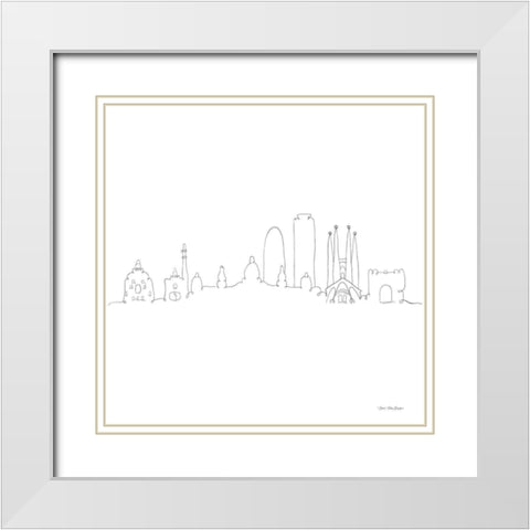 One Line Barcelona White Modern Wood Framed Art Print with Double Matting by Seven Trees Design