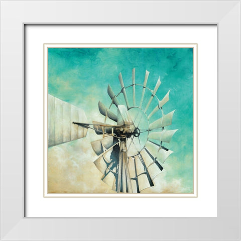 Teal Windmill White Modern Wood Framed Art Print with Double Matting by White Ladder