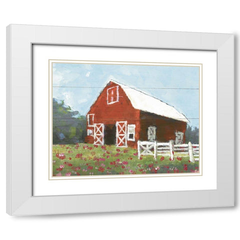 Flower Field Barn White Modern Wood Framed Art Print with Double Matting by White Ladder