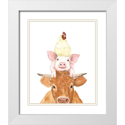 Cluck-Oink-Moo Stack White Modern Wood Framed Art Print with Double Matting by White Ladder