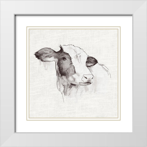 Cow Ink Drawing White Modern Wood Framed Art Print with Double Matting by White Ladder