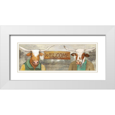 Longhorn Welcome White Modern Wood Framed Art Print with Double Matting by White Ladder