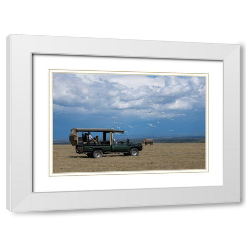 Africa-Kenya-Ol Pejeta Conservancy-Safari jeep with Southern white rhinoceros-Ceratotherium simum White Modern Wood Framed Art Print with Double Matting by Hopkins, Cindy Miller