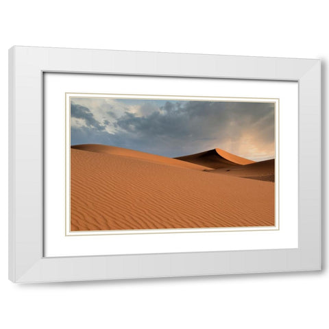 Sand dunes glow orange at sunset in the Sahara Desert. White Modern Wood Framed Art Print with Double Matting by Sederquist, Betty