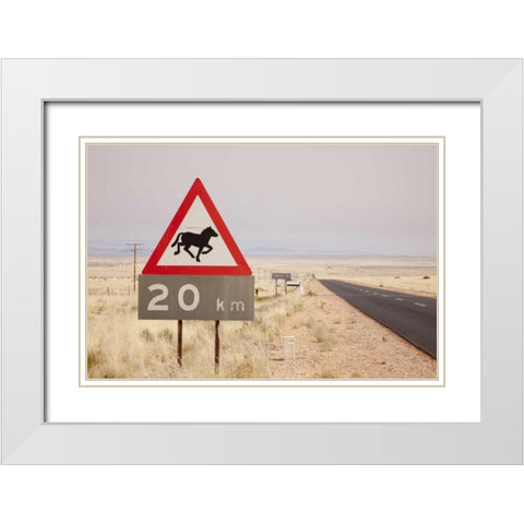 Namibia, Aus Wild horse warning sign White Modern Wood Framed Art Print with Double Matting by Kaveney, Wendy