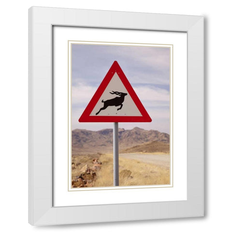 Namibia, Namib Desert, Kudu crossing caution sign White Modern Wood Framed Art Print with Double Matting by Kaveney, Wendy