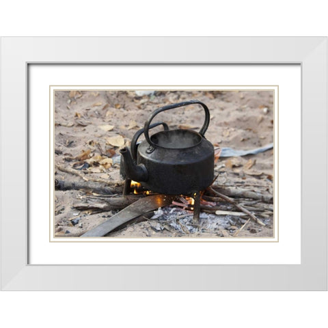 Namibia, Nhoma Kettle heats on an open fire White Modern Wood Framed Art Print with Double Matting by Kaveney, Wendy