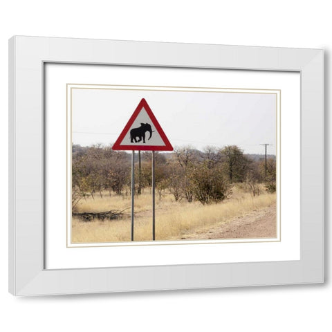 Namibia, Damaraland Sign warning about elephants White Modern Wood Framed Art Print with Double Matting by Kaveney, Wendy