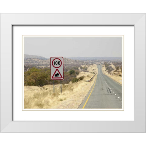 Namibia, Etosha NP Speed limit and caution sign White Modern Wood Framed Art Print with Double Matting by Kaveney, Wendy