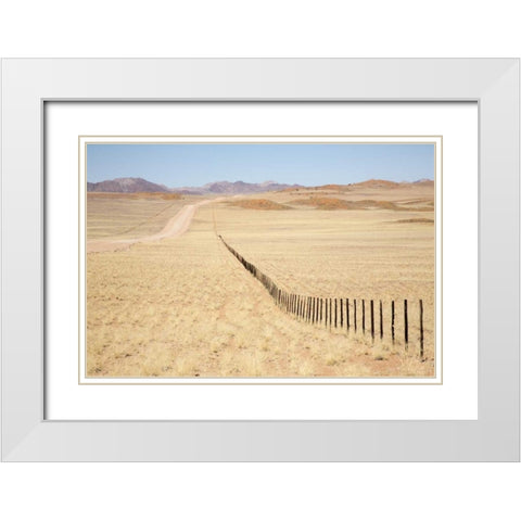 Namibia, Namib Desert Road and fence in desert White Modern Wood Framed Art Print with Double Matting by Kaveney, Wendy