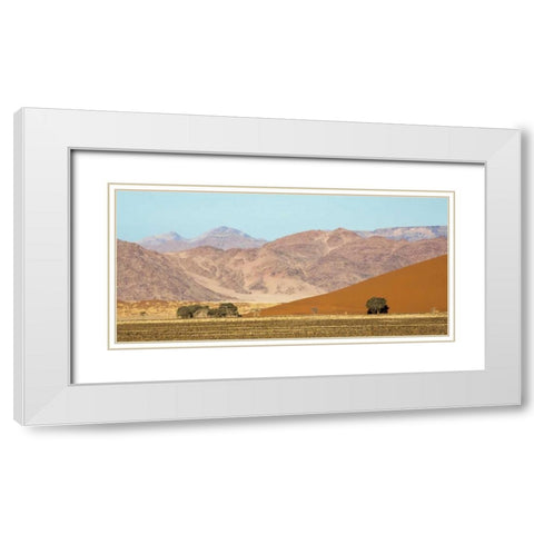 Namibia, Namib-Naukluft Sand dunes and mountain White Modern Wood Framed Art Print with Double Matting by Kaveney, Wendy